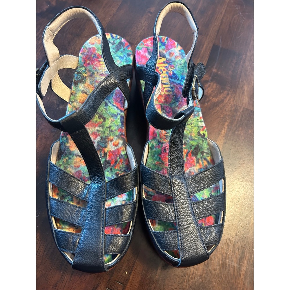 Alegria‎ PG Lite Summer Black Leather T-Strap Wedge Sandals SUM-601 Size 40
